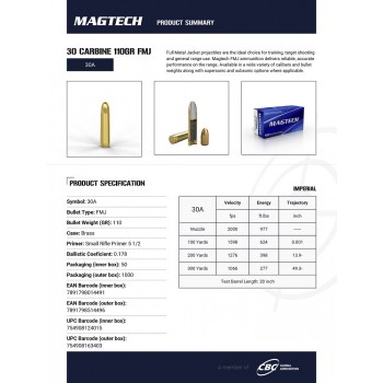 MUNITIONS MAGTECH cal.30 Carbine (30M1) SP 110 grains - 7.1 grammes / BOITE 50