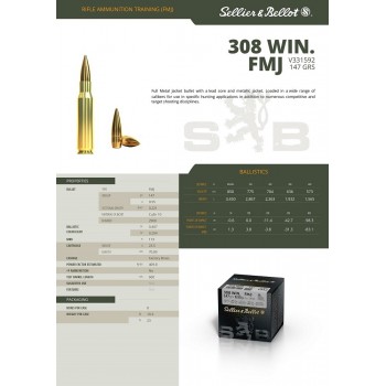 CARTOUCHES SELLIER BELLOT CAL 308 WIN FMJ 147GR PAR 50